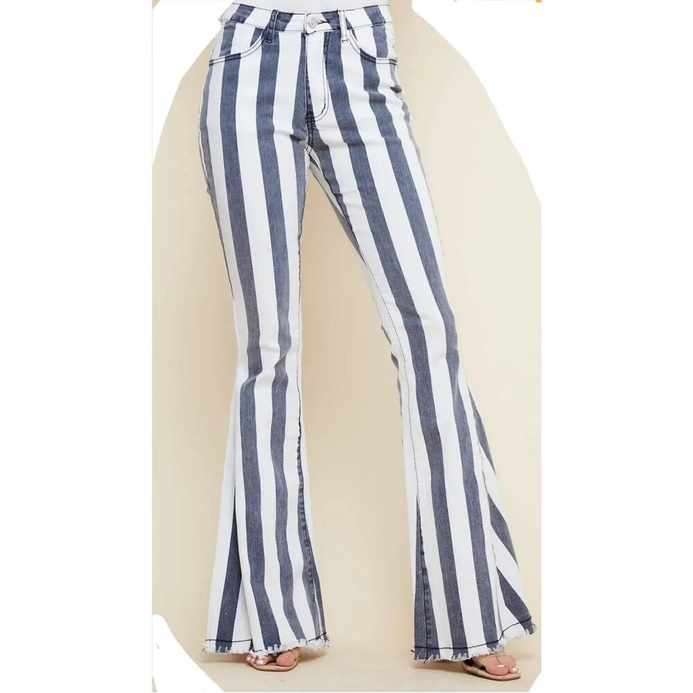 Saints & Hearts Blue + White Stripe Bell Bottom Flare Frayed Hem Jeans - Large